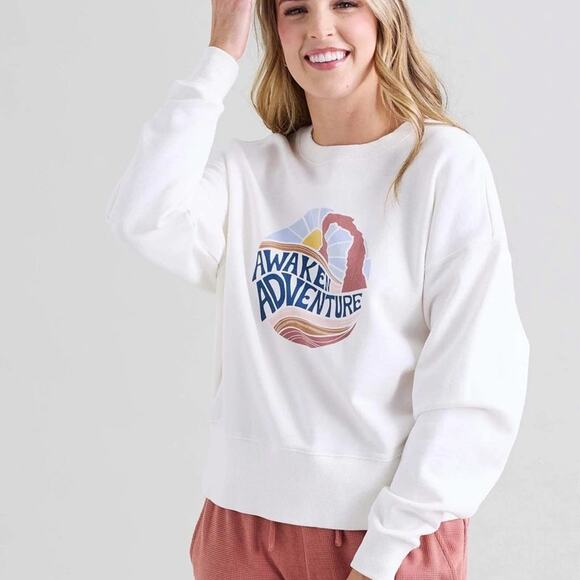 Downeast Basics | Tyler Pullover White Sweatshirt Awaken Adventure Sun Arch Top - Picture 1 of 9